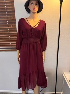 $8 Women's Burgundy Midi Dress with Crochet Waist$8 WHEN BUNDLED WITH 3 OR MORE